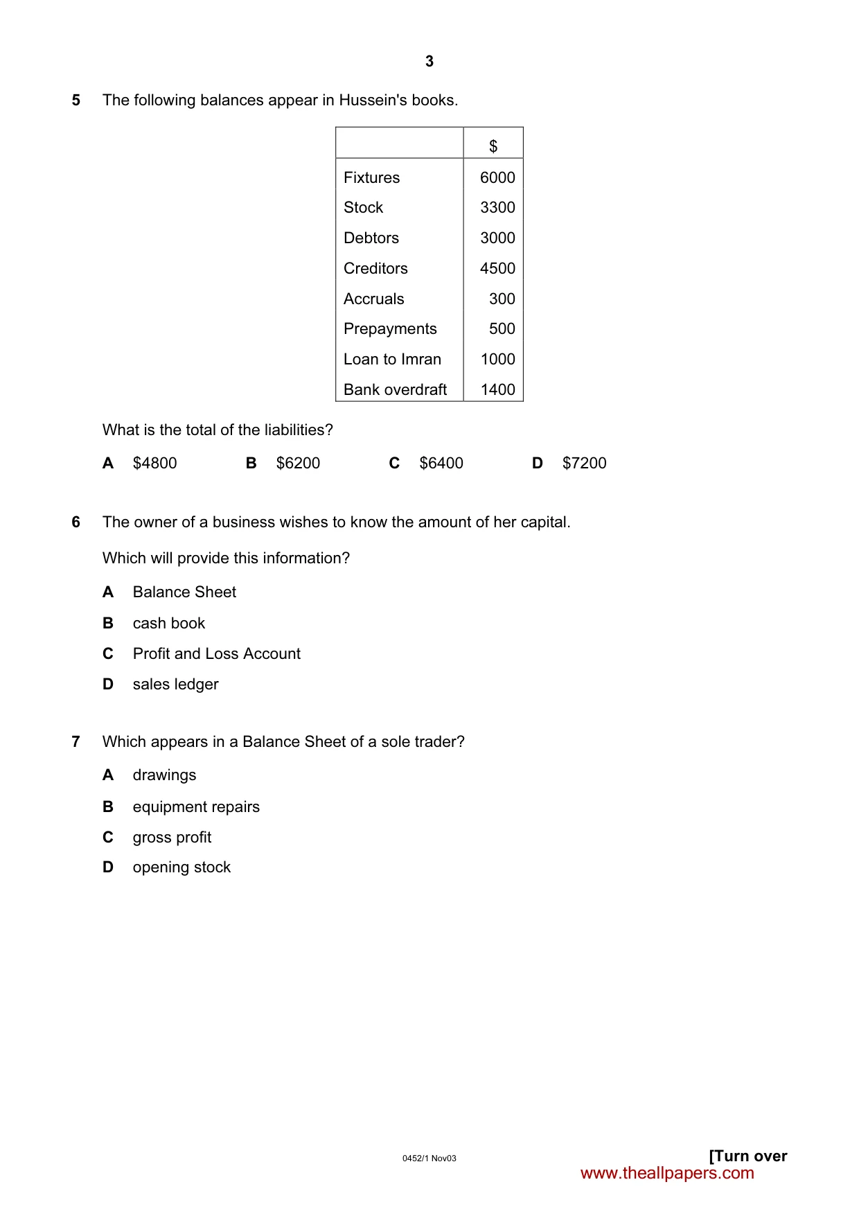 Cambridge IGCSE Accounting 0452 2003 Oct/Nov Paper 1 · Variant 1 question paper, page 3 of 12