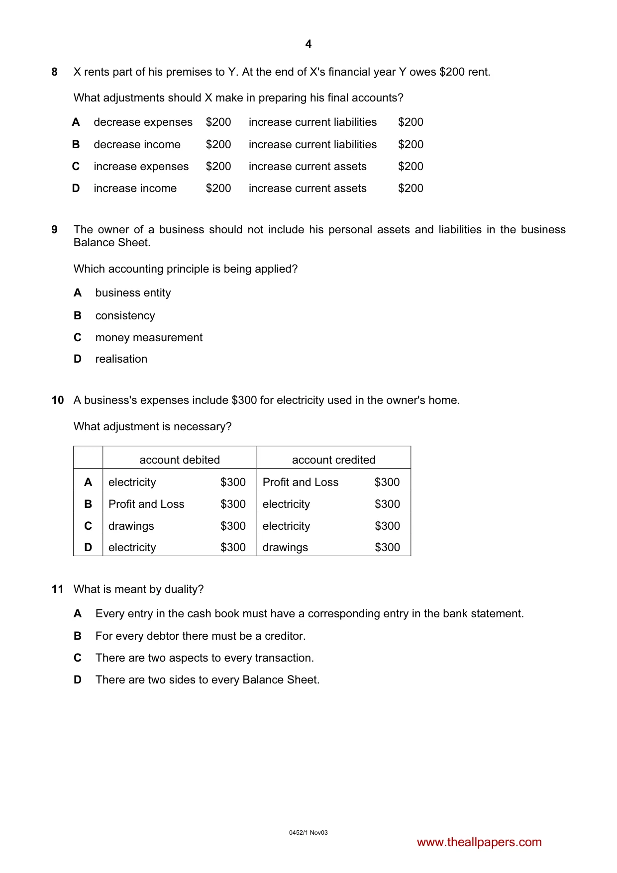 Cambridge IGCSE Accounting 0452 2003 Oct/Nov Paper 1 · Variant 1 question paper, page 4 of 12