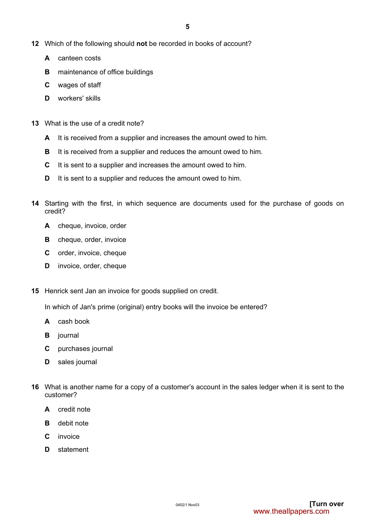 Cambridge IGCSE Accounting 0452 2003 Oct/Nov Paper 1 · Variant 1 question paper, page 5 of 12