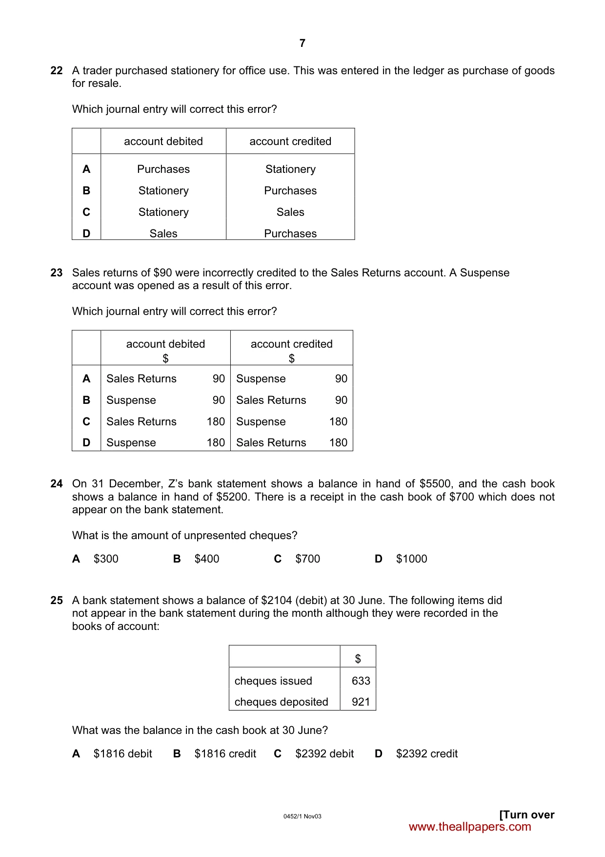 Cambridge IGCSE Accounting 0452 2003 Oct/Nov Paper 1 · Variant 1 question paper, page 7 of 12