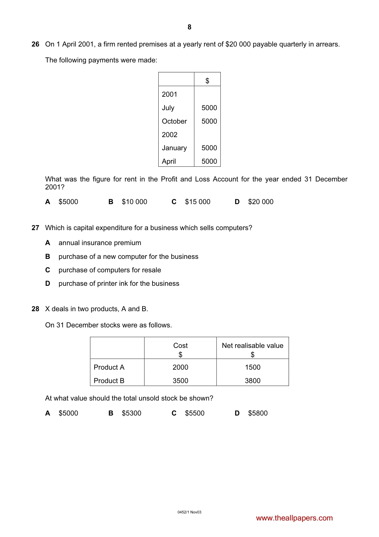 Cambridge IGCSE Accounting 0452 2003 Oct/Nov Paper 1 · Variant 1 question paper, page 8 of 12