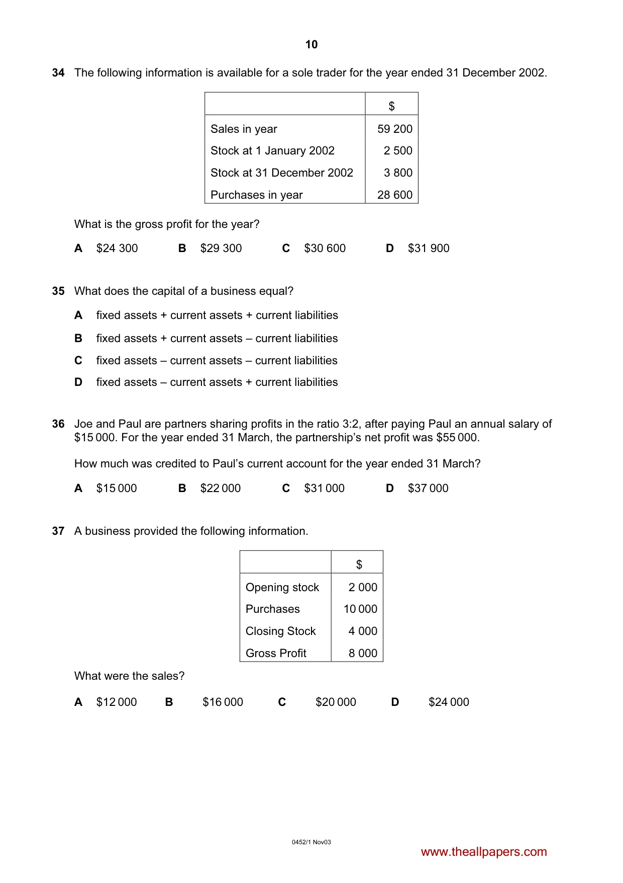 Cambridge IGCSE Accounting 0452 2003 Oct/Nov Paper 1 · Variant 1 question paper, page 10 of 12