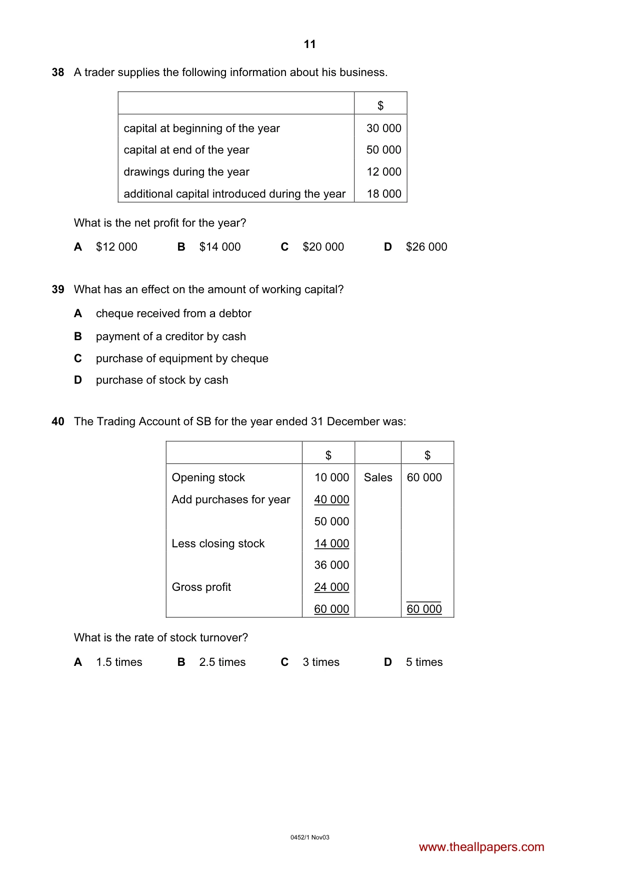 Cambridge IGCSE Accounting 0452 2003 Oct/Nov Paper 1 · Variant 1 question paper, page 11 of 12