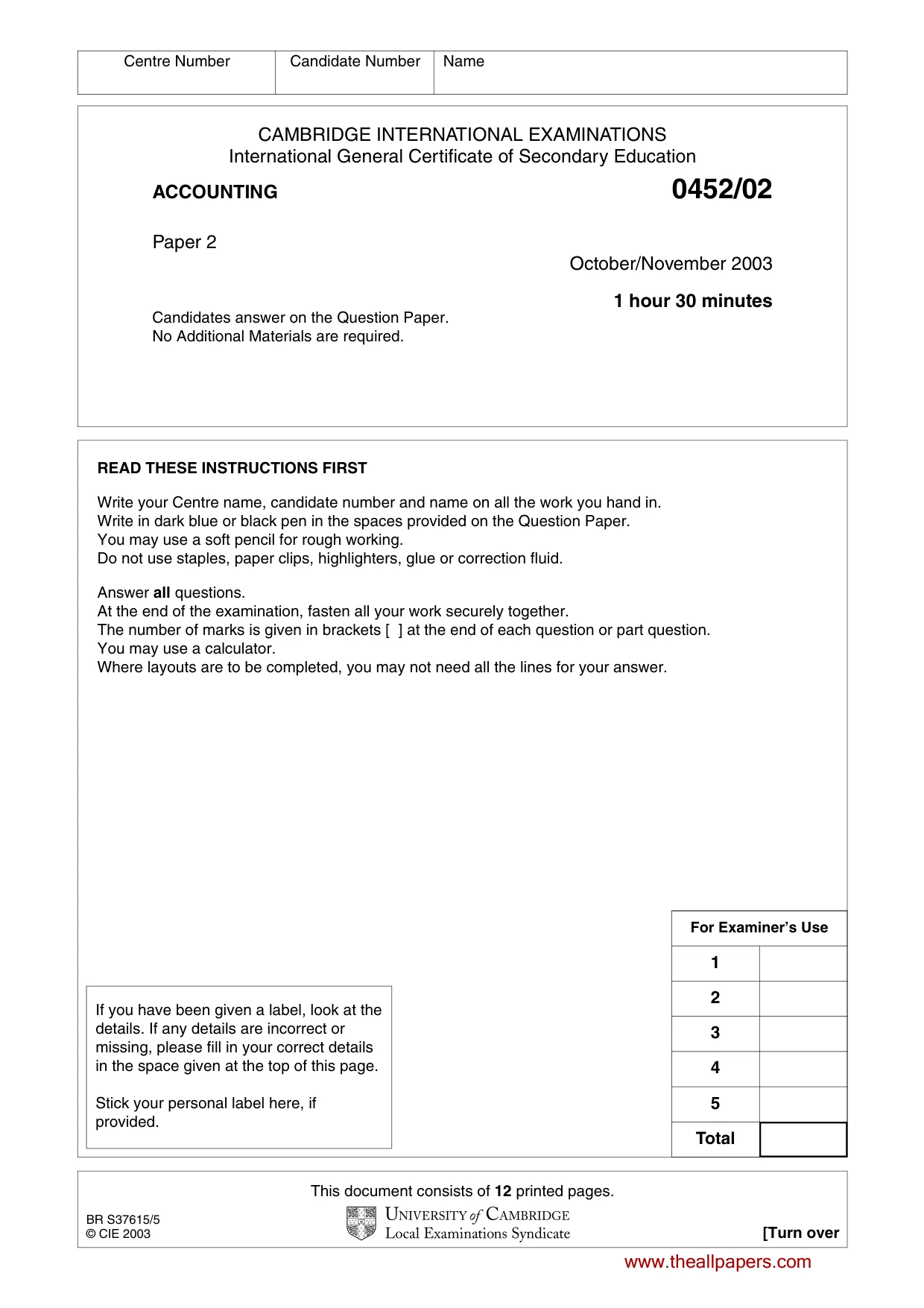 Cambridge IGCSE Accounting 0452 2003 Oct/Nov Paper 2 · Variant 1 question paper, page 1 of 12