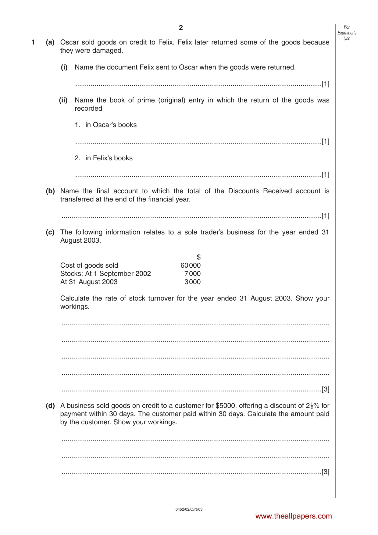 Cambridge IGCSE Accounting 0452 2003 Oct/Nov Paper 2 · Variant 1 question paper, page 2 of 12
