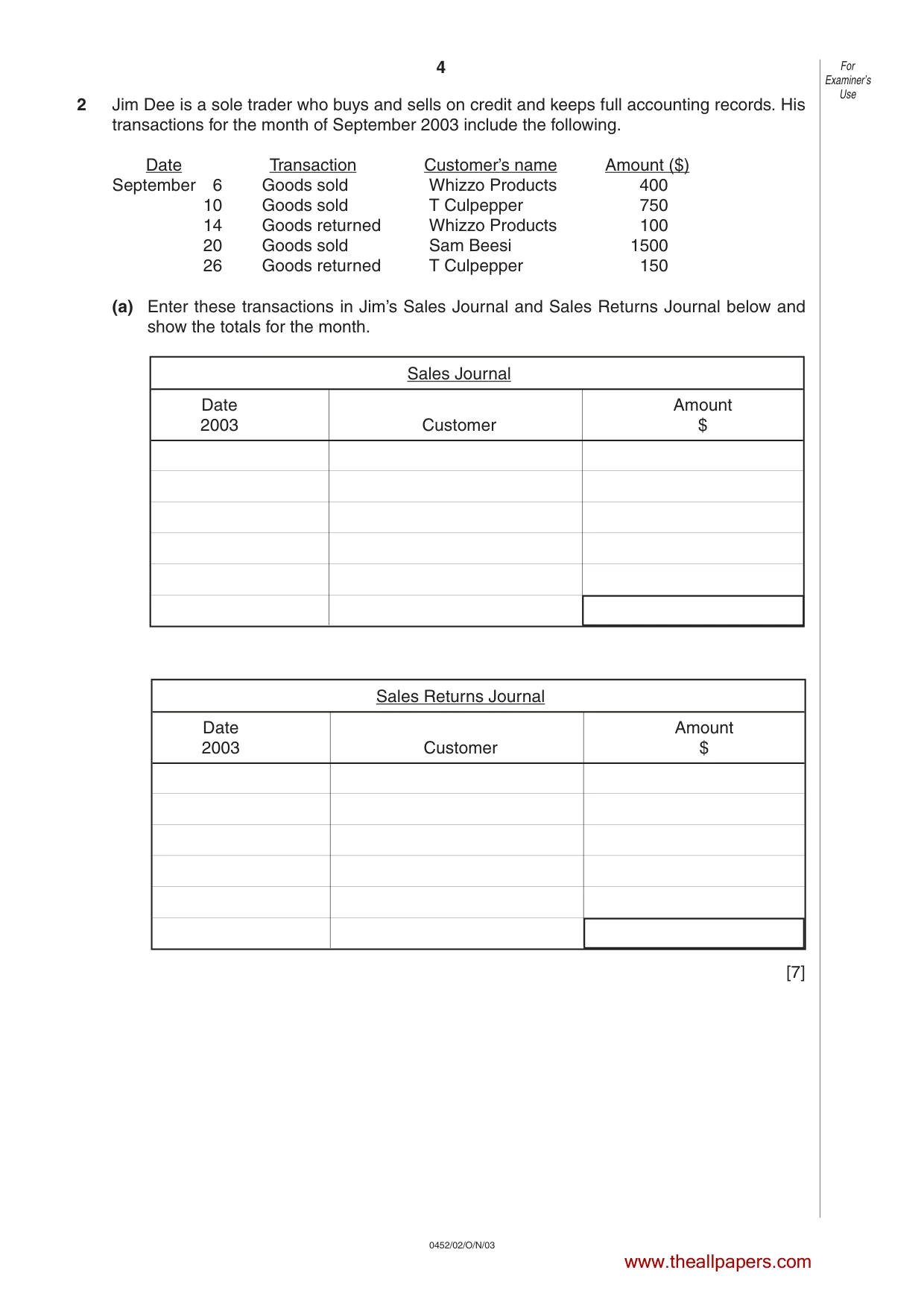Cambridge IGCSE Accounting 0452 2003 Oct/Nov Paper 2 · Variant 1 question paper, page 4 of 12