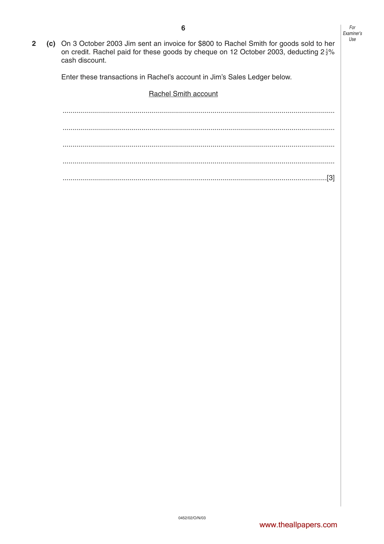 Cambridge IGCSE Accounting 0452 2003 Oct/Nov Paper 2 · Variant 1 question paper, page 6 of 12