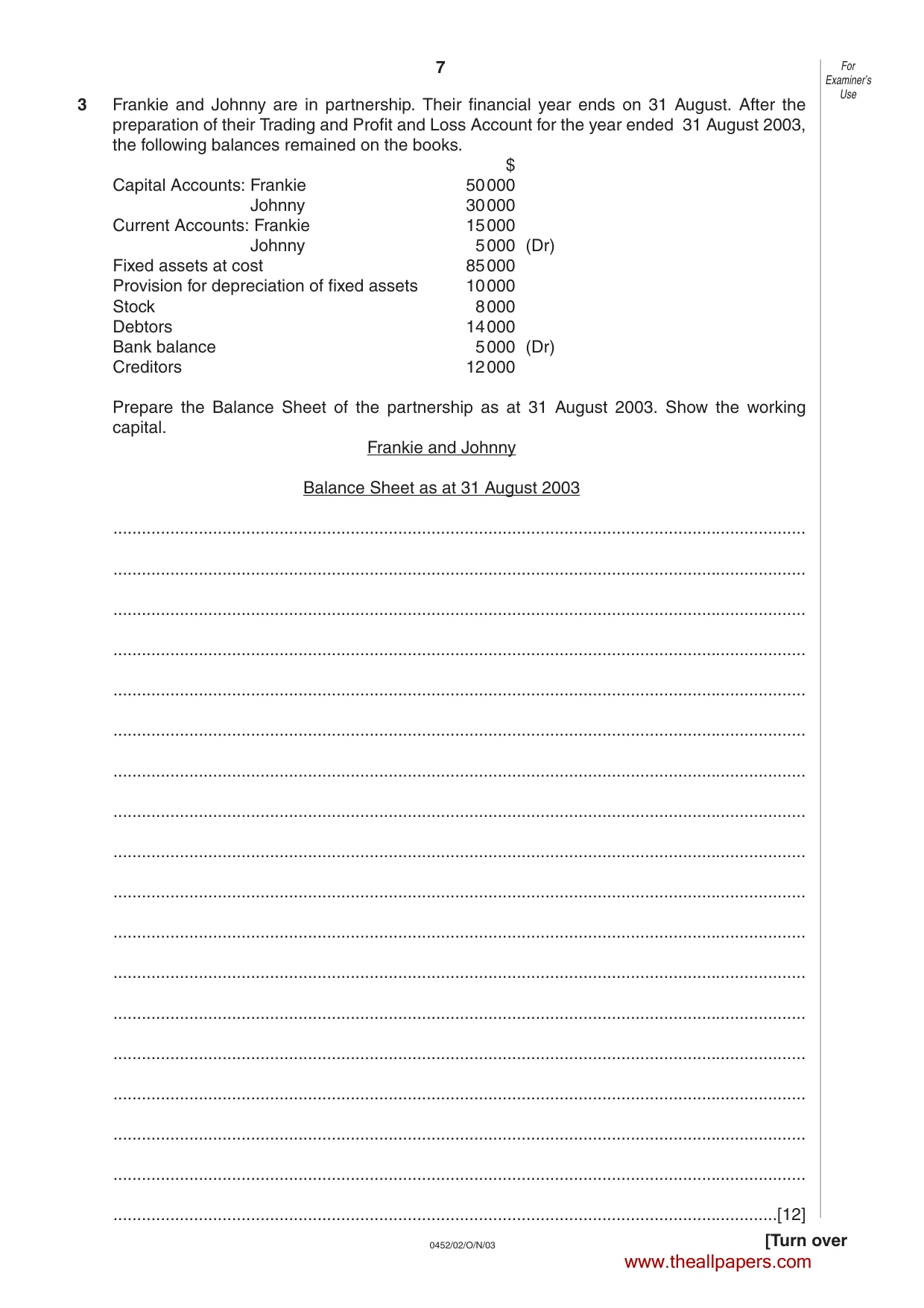 Cambridge IGCSE Accounting 0452 2003 Oct/Nov Paper 2 · Variant 1 question paper, page 7 of 12