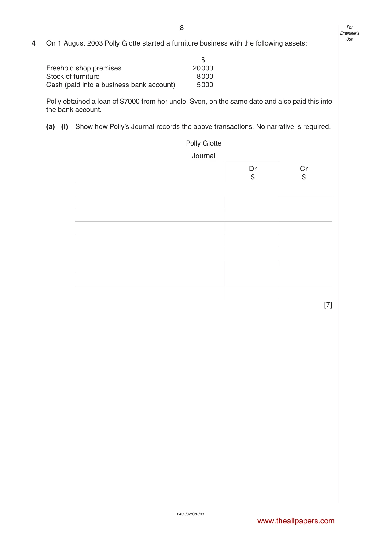 Cambridge IGCSE Accounting 0452 2003 Oct/Nov Paper 2 · Variant 1 question paper, page 8 of 12
