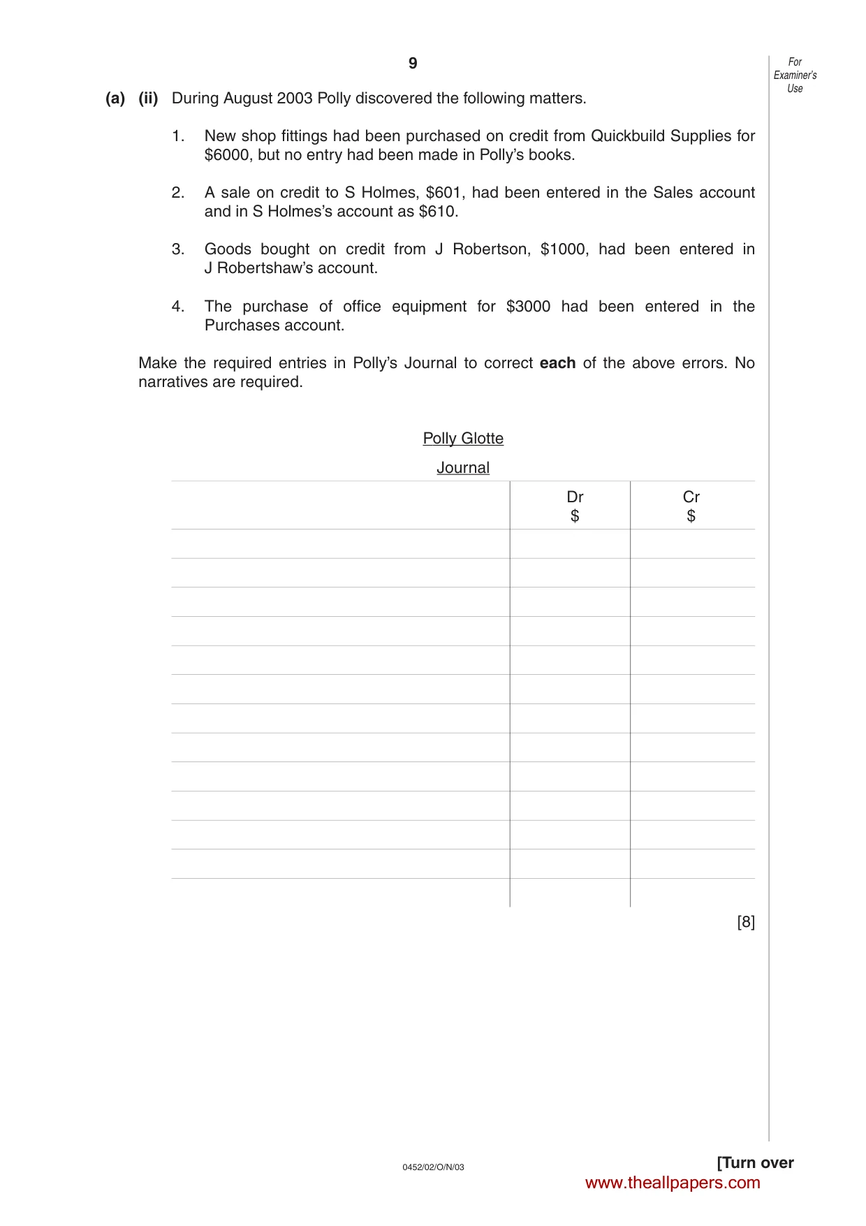 Cambridge IGCSE Accounting 0452 2003 Oct/Nov Paper 2 · Variant 1 question paper, page 9 of 12