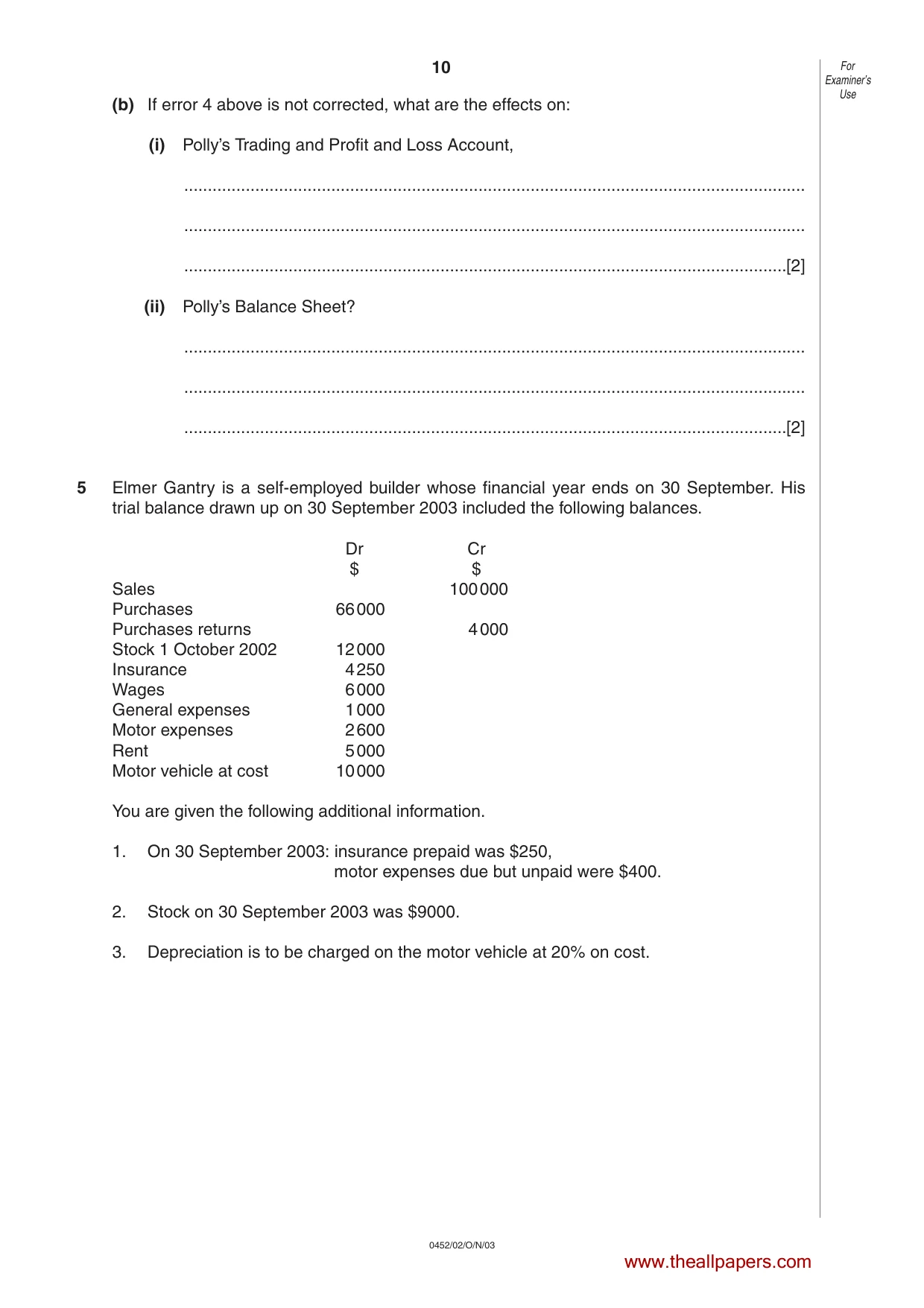 Cambridge IGCSE Accounting 0452 2003 Oct/Nov Paper 2 · Variant 1 question paper, page 10 of 12