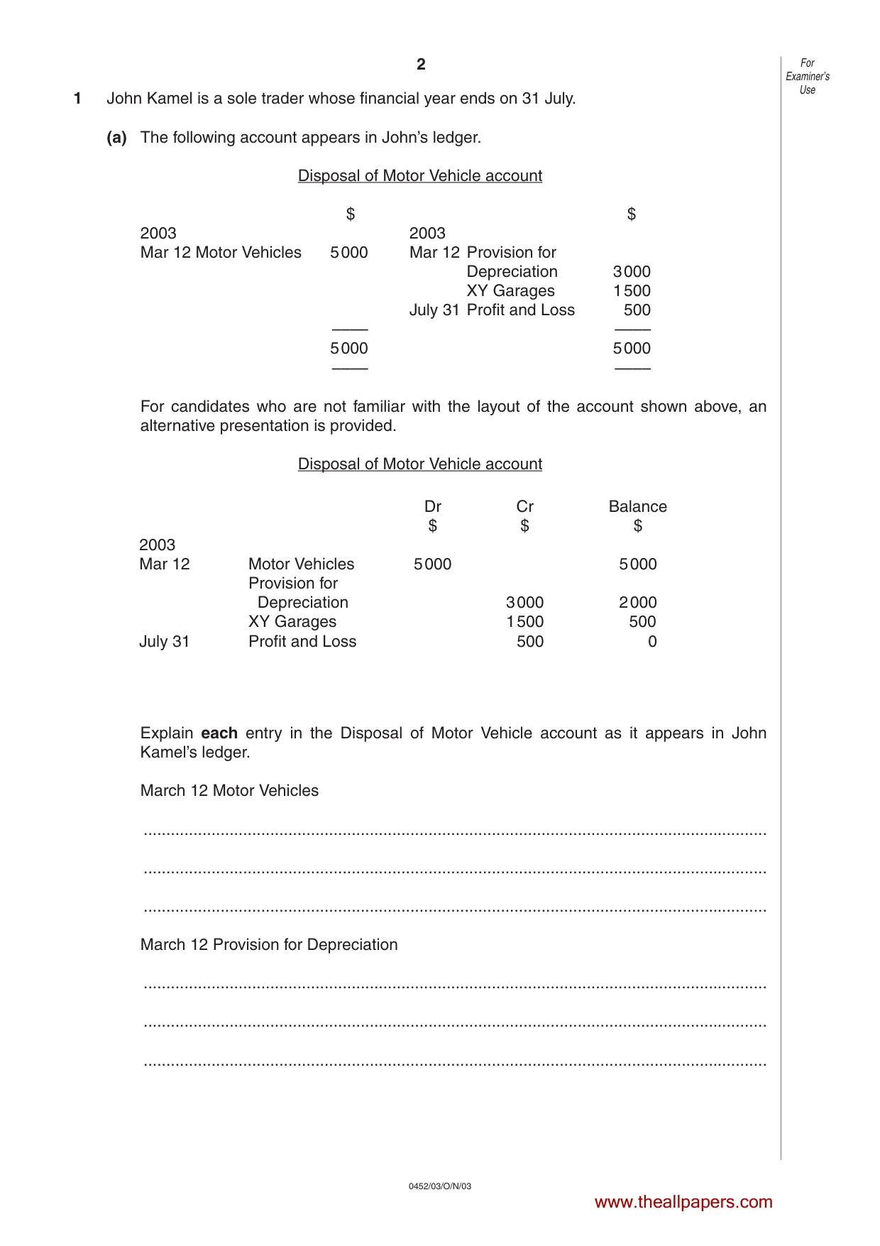 Cambridge IGCSE Accounting 0452 2003 Oct/Nov Paper 3 · Variant 1 question paper, page 2 of 16