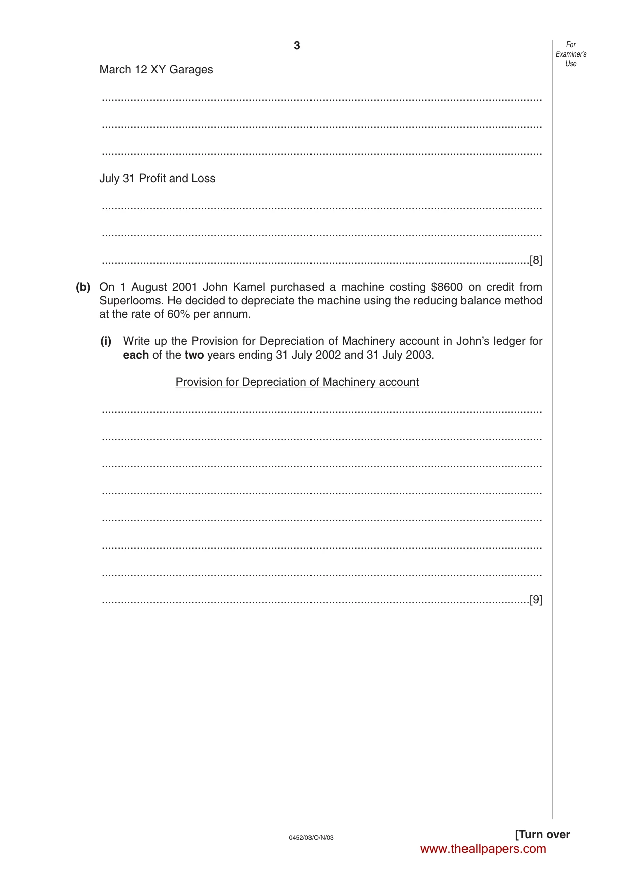 Cambridge IGCSE Accounting 0452 2003 Oct/Nov Paper 3 · Variant 1 question paper, page 3 of 16