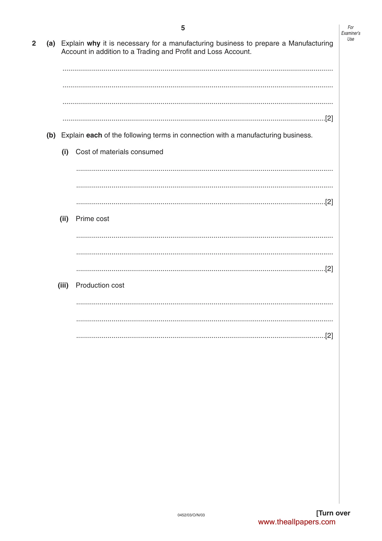 Cambridge IGCSE Accounting 0452 2003 Oct/Nov Paper 3 · Variant 1 question paper, page 5 of 16