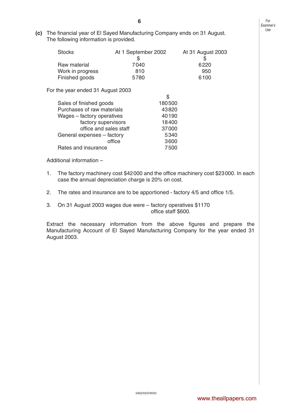 Cambridge IGCSE Accounting 0452 2003 Oct/Nov Paper 3 · Variant 1 question paper, page 6 of 16