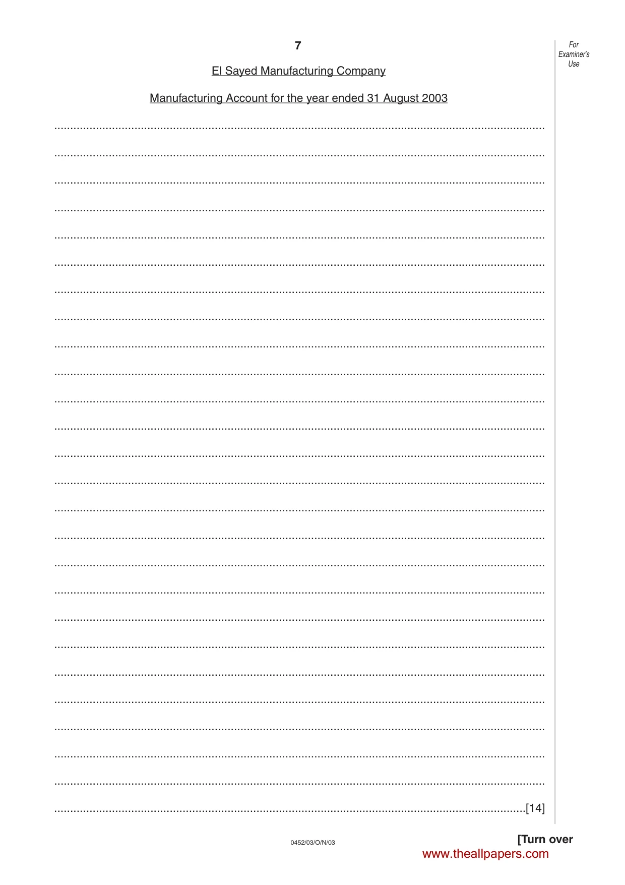 Cambridge IGCSE Accounting 0452 2003 Oct/Nov Paper 3 · Variant 1 question paper, page 7 of 16