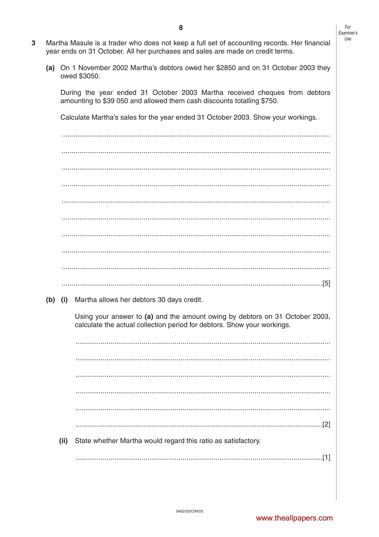 Cambridge IGCSE Accounting 0452 2003 Oct/Nov Paper 3 · Variant 1 question paper, page 8 of 16