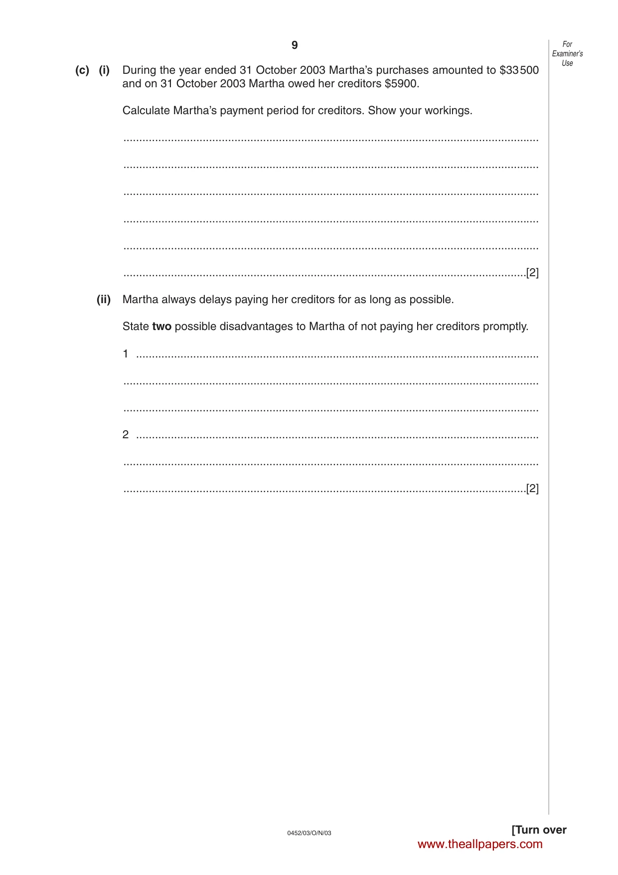 Cambridge IGCSE Accounting 0452 2003 Oct/Nov Paper 3 · Variant 1 question paper, page 9 of 16