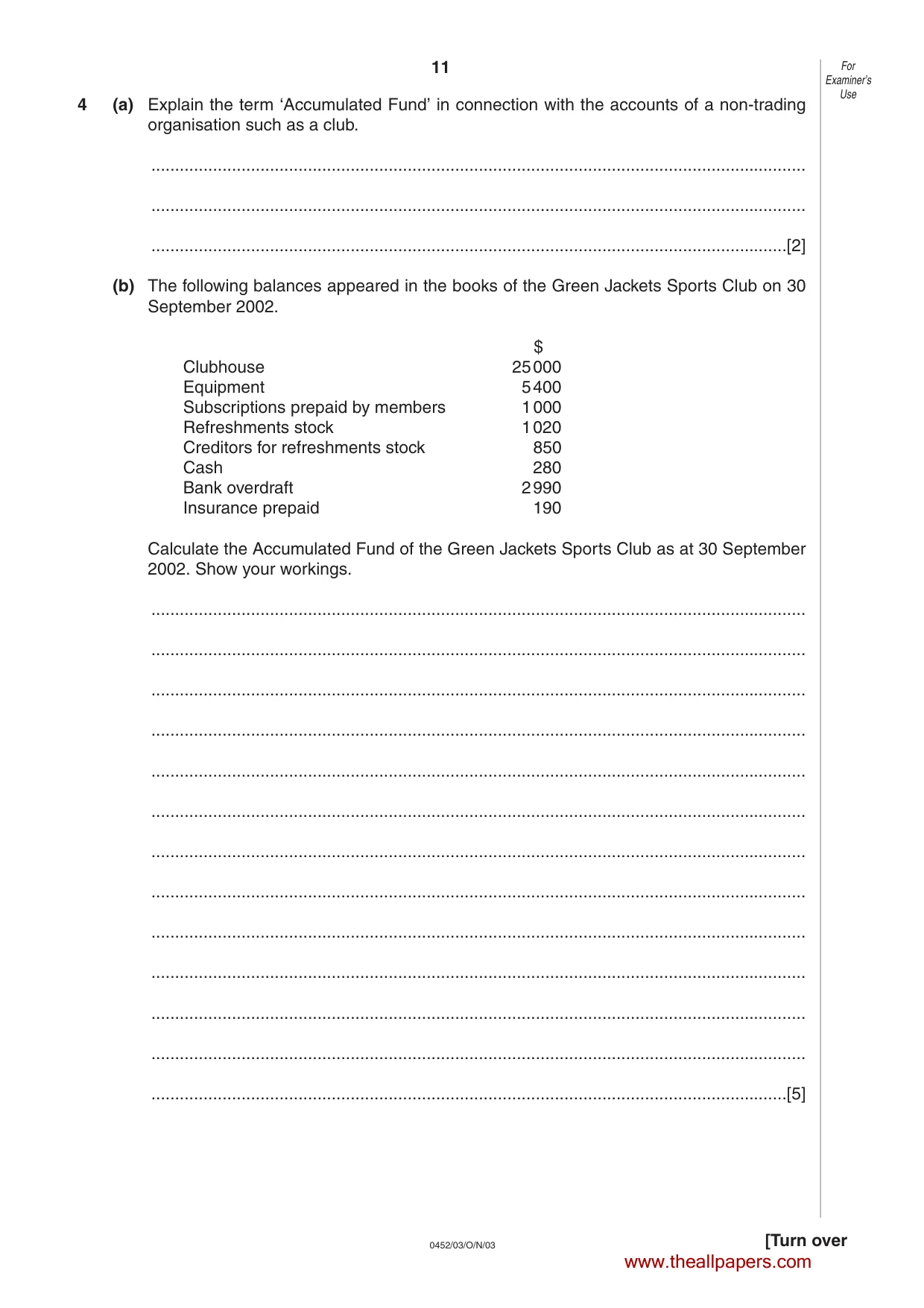 Cambridge IGCSE Accounting 0452 2003 Oct/Nov Paper 3 · Variant 1 question paper, page 11 of 16