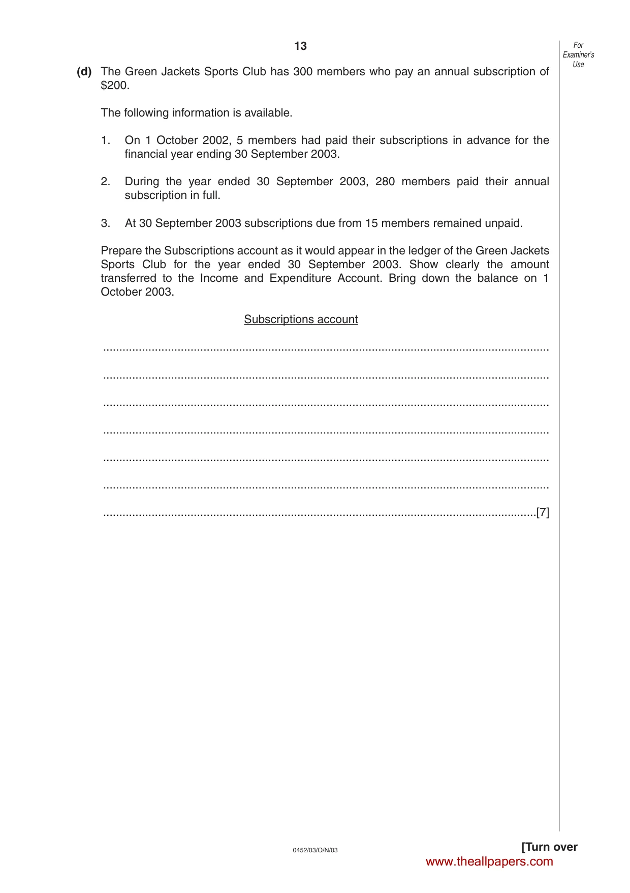 Cambridge IGCSE Accounting 0452 2003 Oct/Nov Paper 3 · Variant 1 question paper, page 13 of 16