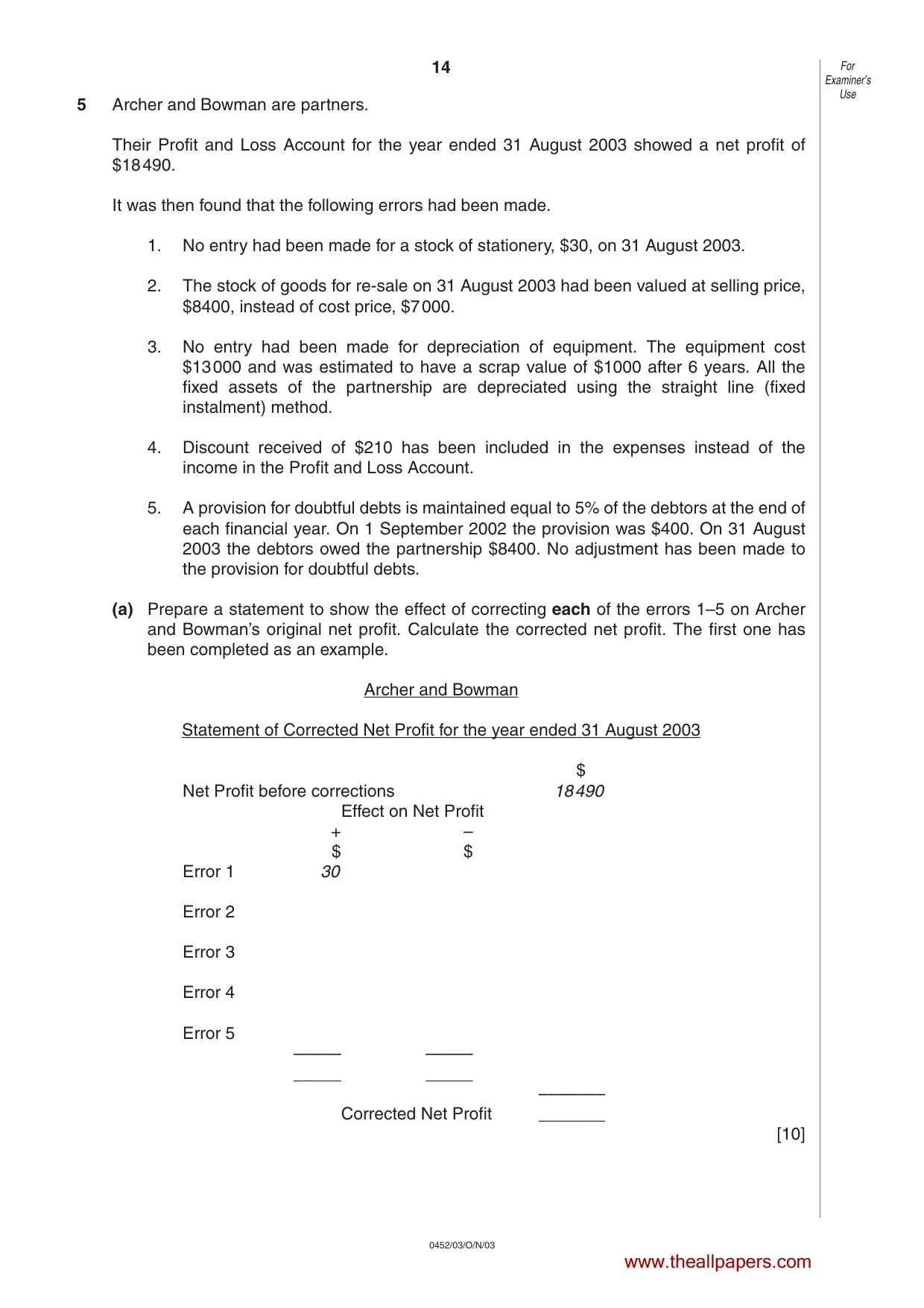 Cambridge IGCSE Accounting 0452 2003 Oct/Nov Paper 3 · Variant 1 question paper, page 14 of 16