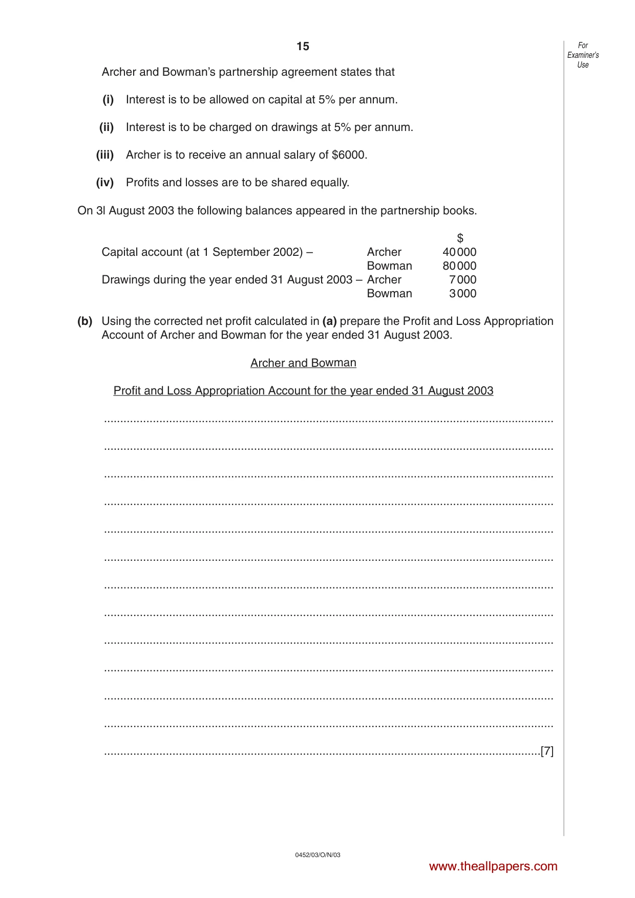 Cambridge IGCSE Accounting 0452 2003 Oct/Nov Paper 3 · Variant 1 question paper, page 15 of 16