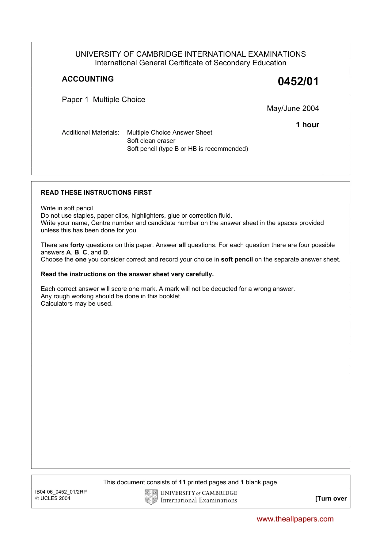 Cambridge IGCSE Accounting 0452 2004 May/June Paper 1 · Variant 1 question paper, page 1 of 12