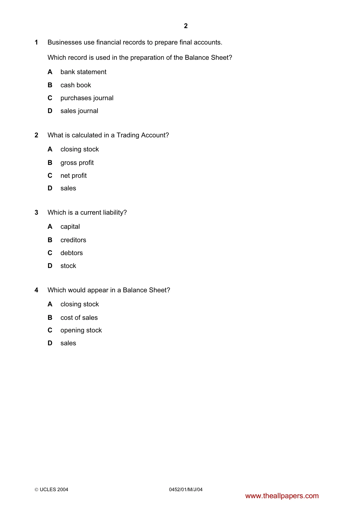 Cambridge IGCSE Accounting 0452 2004 May/June Paper 1 · Variant 1 question paper, page 2 of 12