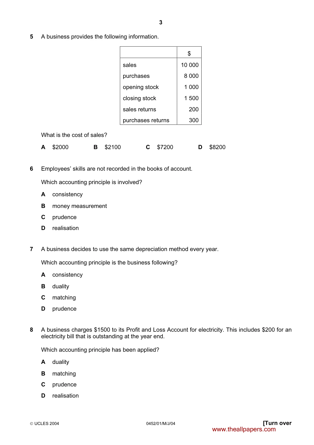 Cambridge IGCSE Accounting 0452 2004 May/June Paper 1 · Variant 1 question paper, page 3 of 12