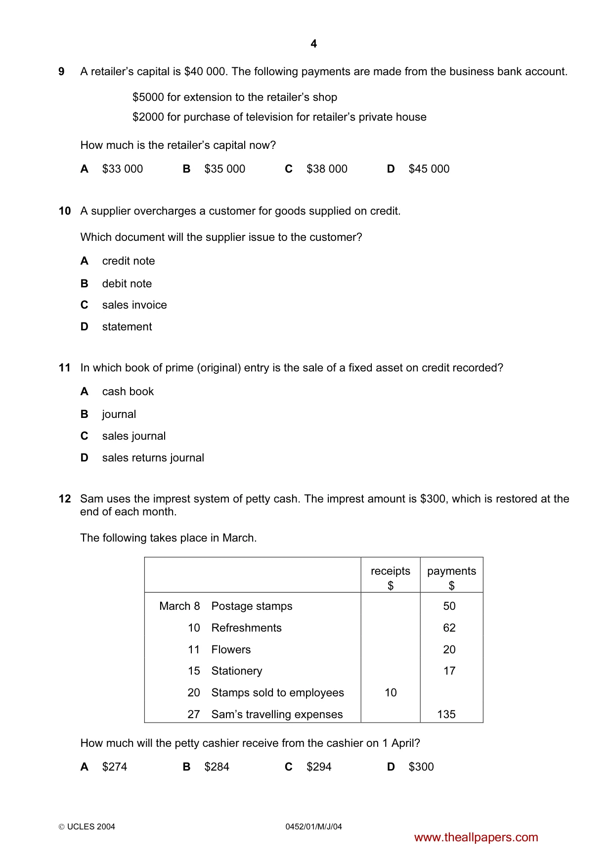 Cambridge IGCSE Accounting 0452 2004 May/June Paper 1 · Variant 1 question paper, page 4 of 12