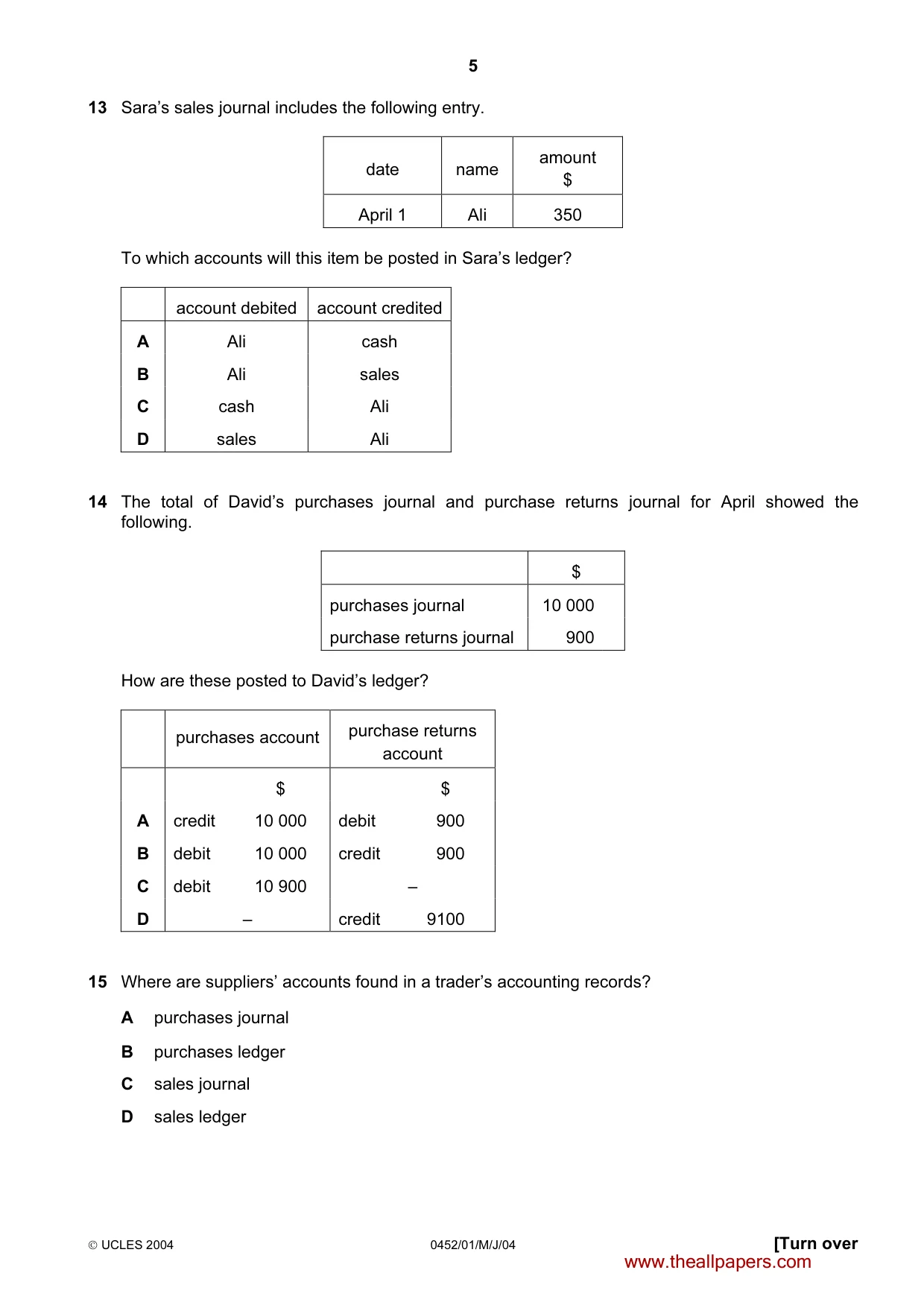 Cambridge IGCSE Accounting 0452 2004 May/June Paper 1 · Variant 1 question paper, page 5 of 12