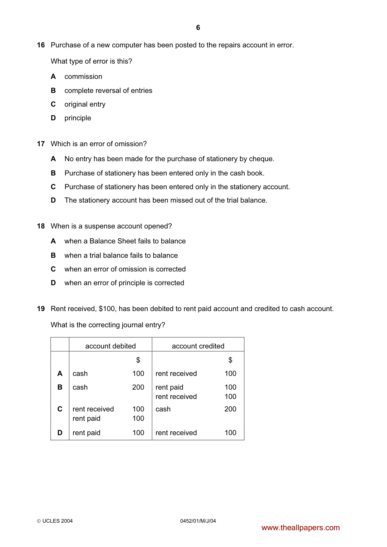 Cambridge IGCSE Accounting 0452 2004 May/June Paper 1 · Variant 1 question paper, page 6 of 12