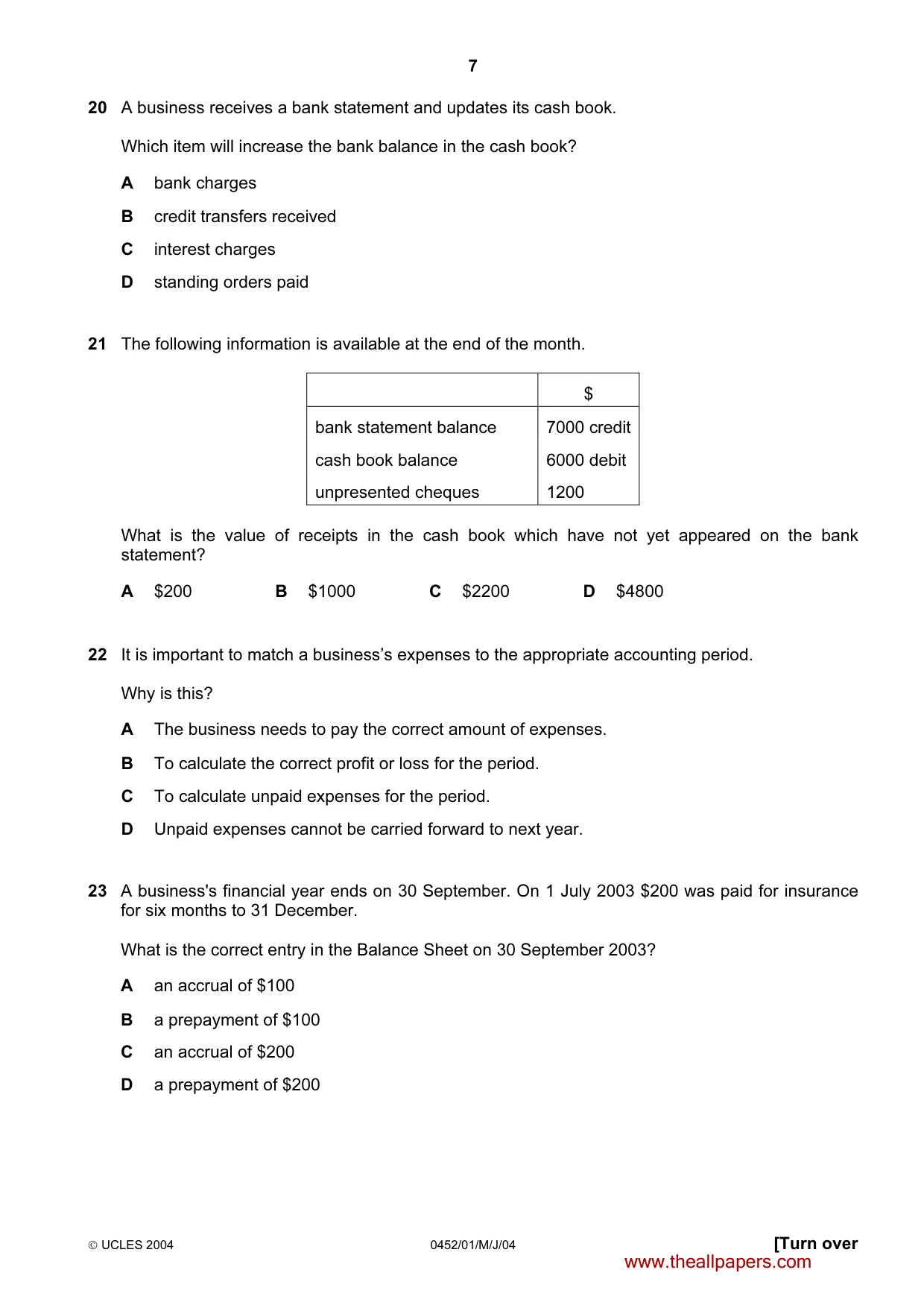 Cambridge IGCSE Accounting 0452 2004 May/June Paper 1 · Variant 1 question paper, page 7 of 12