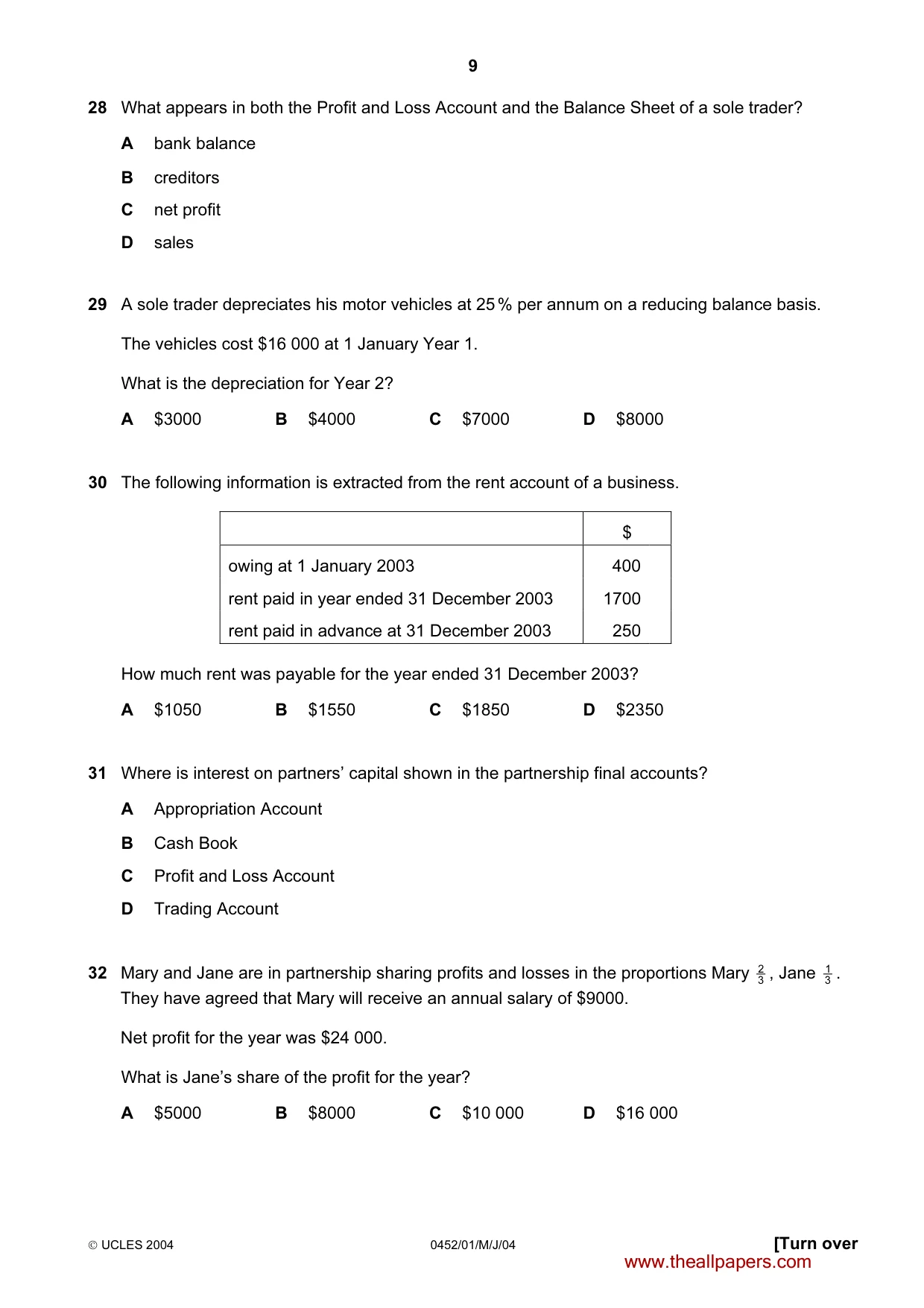 Cambridge IGCSE Accounting 0452 2004 May/June Paper 1 · Variant 1 question paper, page 9 of 12