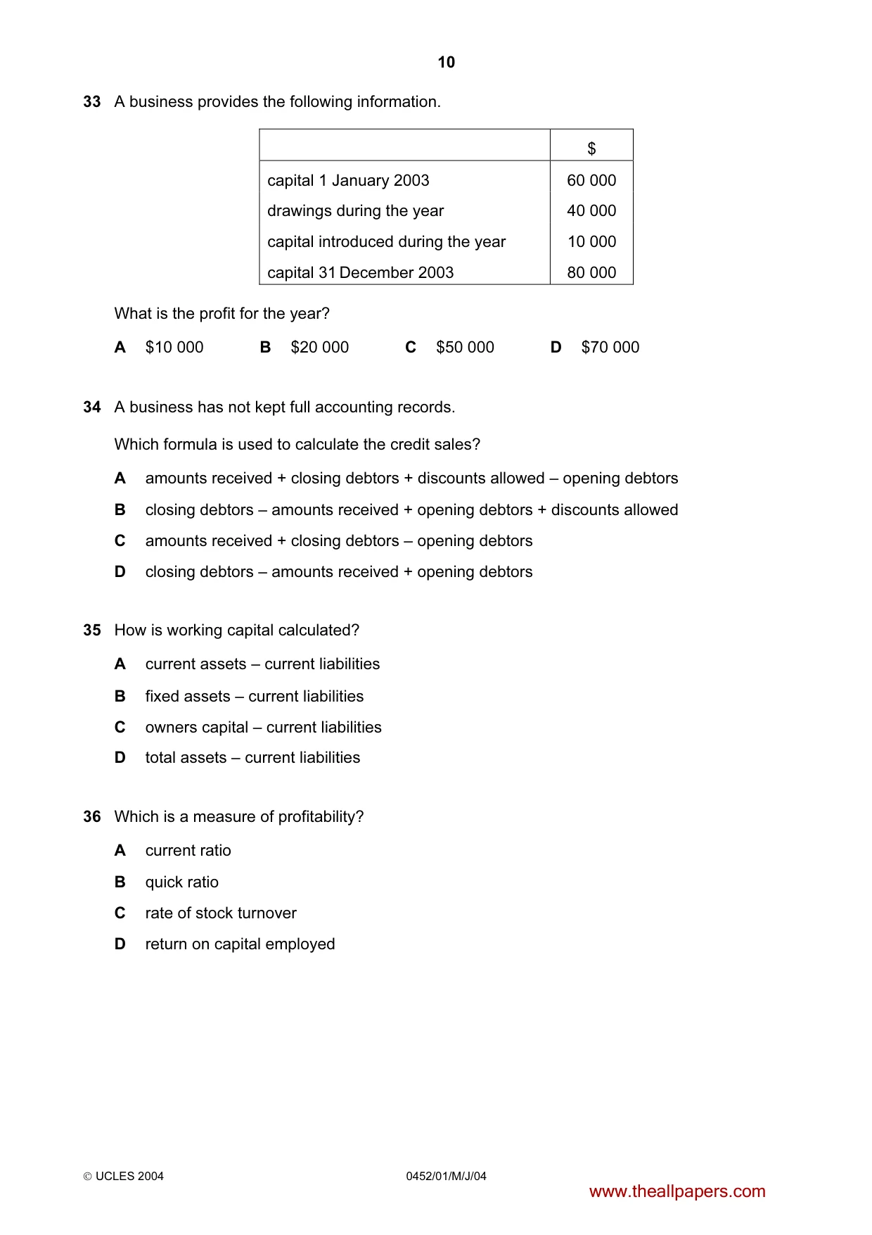 Cambridge IGCSE Accounting 0452 2004 May/June Paper 1 · Variant 1 question paper, page 10 of 12