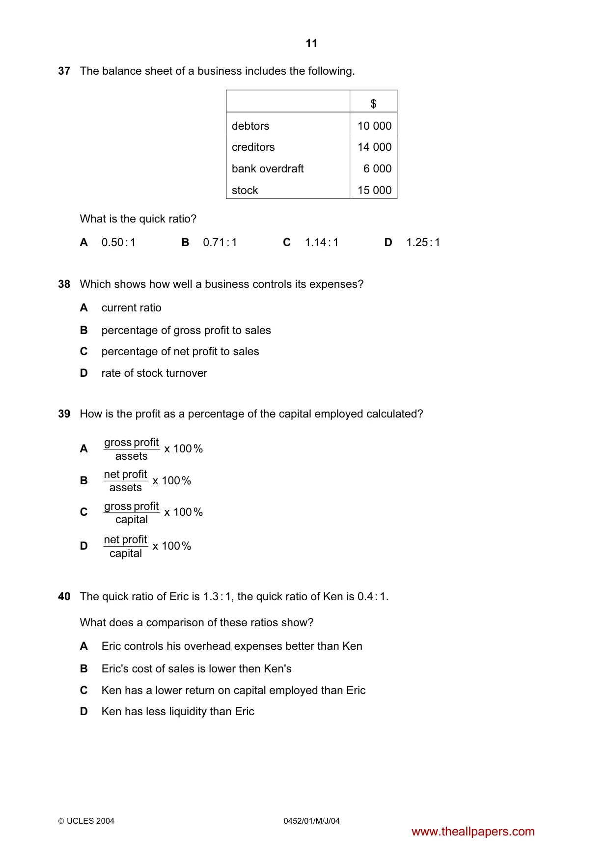 Cambridge IGCSE Accounting 0452 2004 May/June Paper 1 · Variant 1 question paper, page 11 of 12