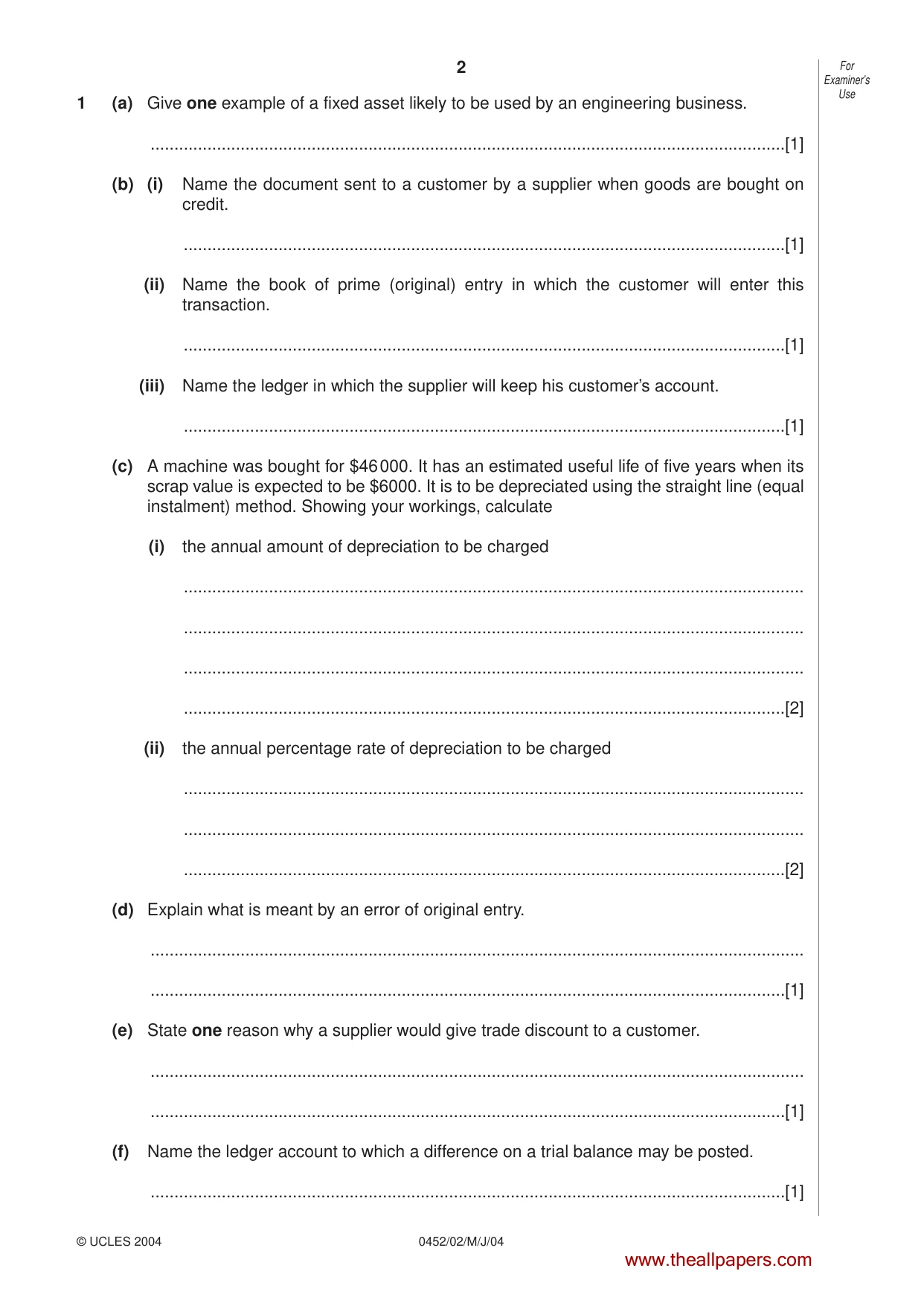 Cambridge IGCSE Accounting 0452 2004 May/June Paper 2 · Variant 1 question paper, page 2 of 12