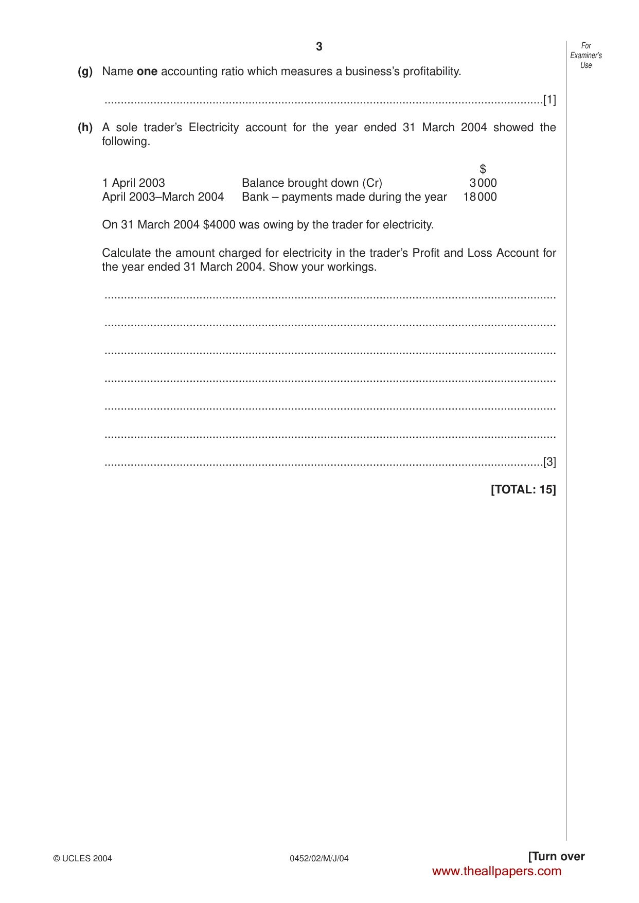 Cambridge IGCSE Accounting 0452 2004 May/June Paper 2 · Variant 1 question paper, page 3 of 12