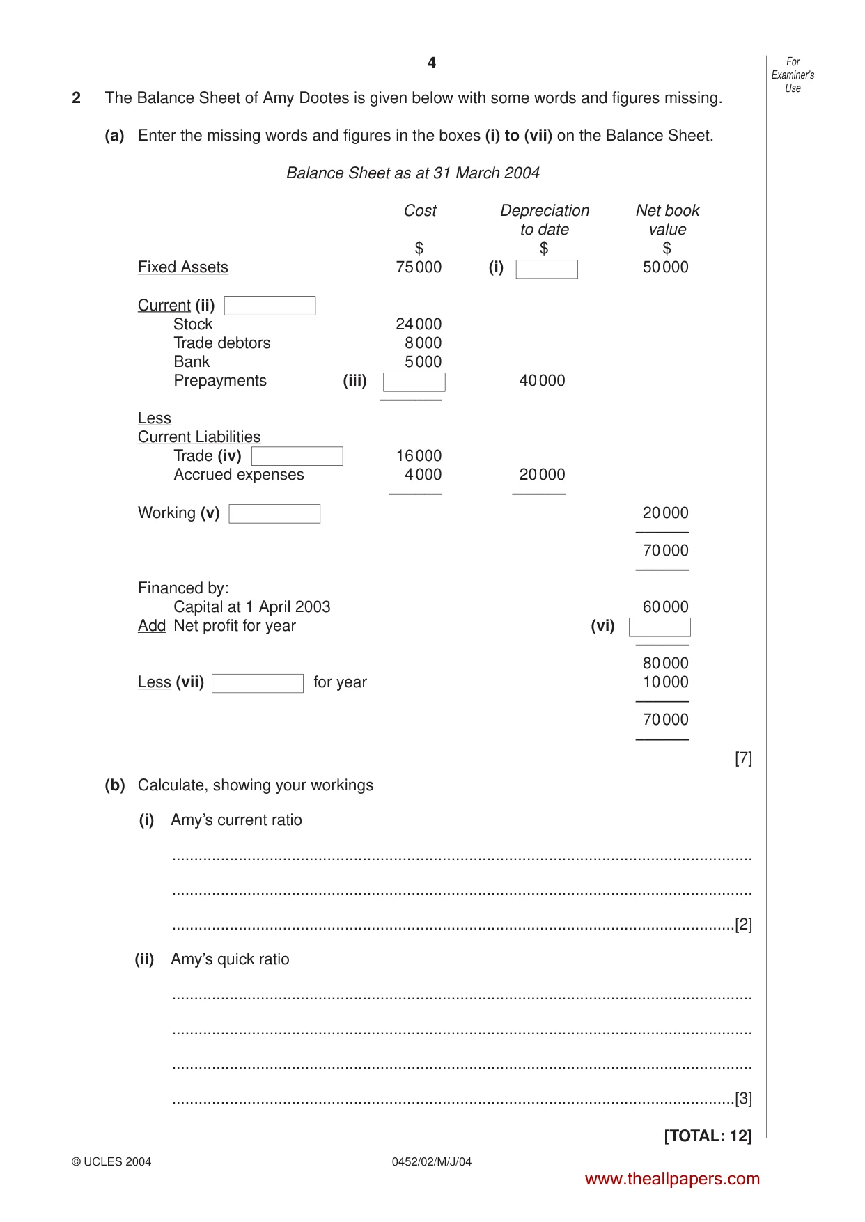 Cambridge IGCSE Accounting 0452 2004 May/June Paper 2 · Variant 1 question paper, page 4 of 12