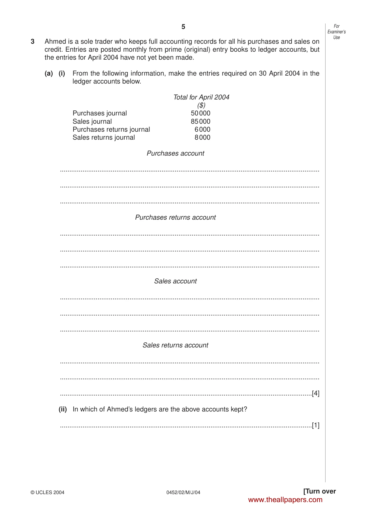 Cambridge IGCSE Accounting 0452 2004 May/June Paper 2 · Variant 1 question paper, page 5 of 12