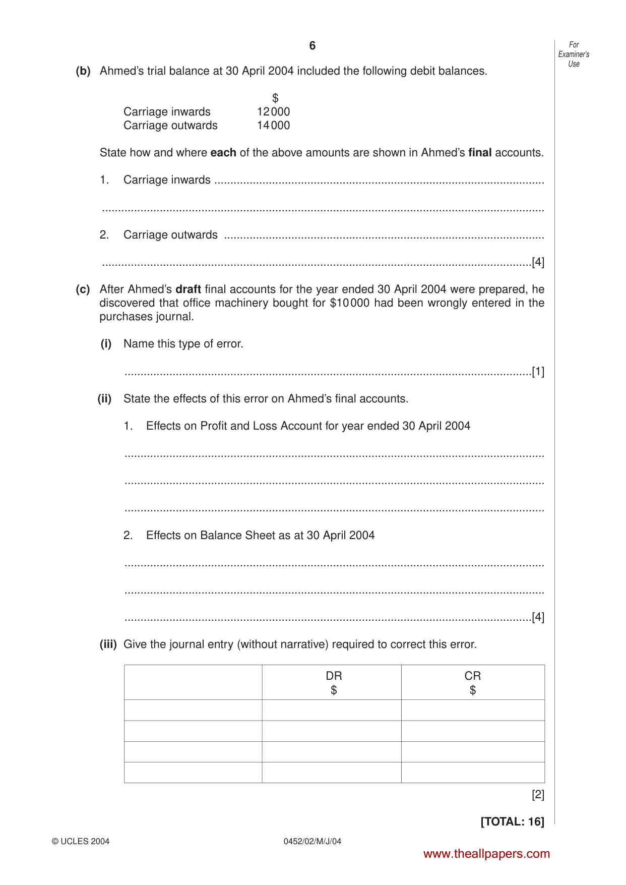 Cambridge IGCSE Accounting 0452 2004 May/June Paper 2 · Variant 1 question paper, page 6 of 12