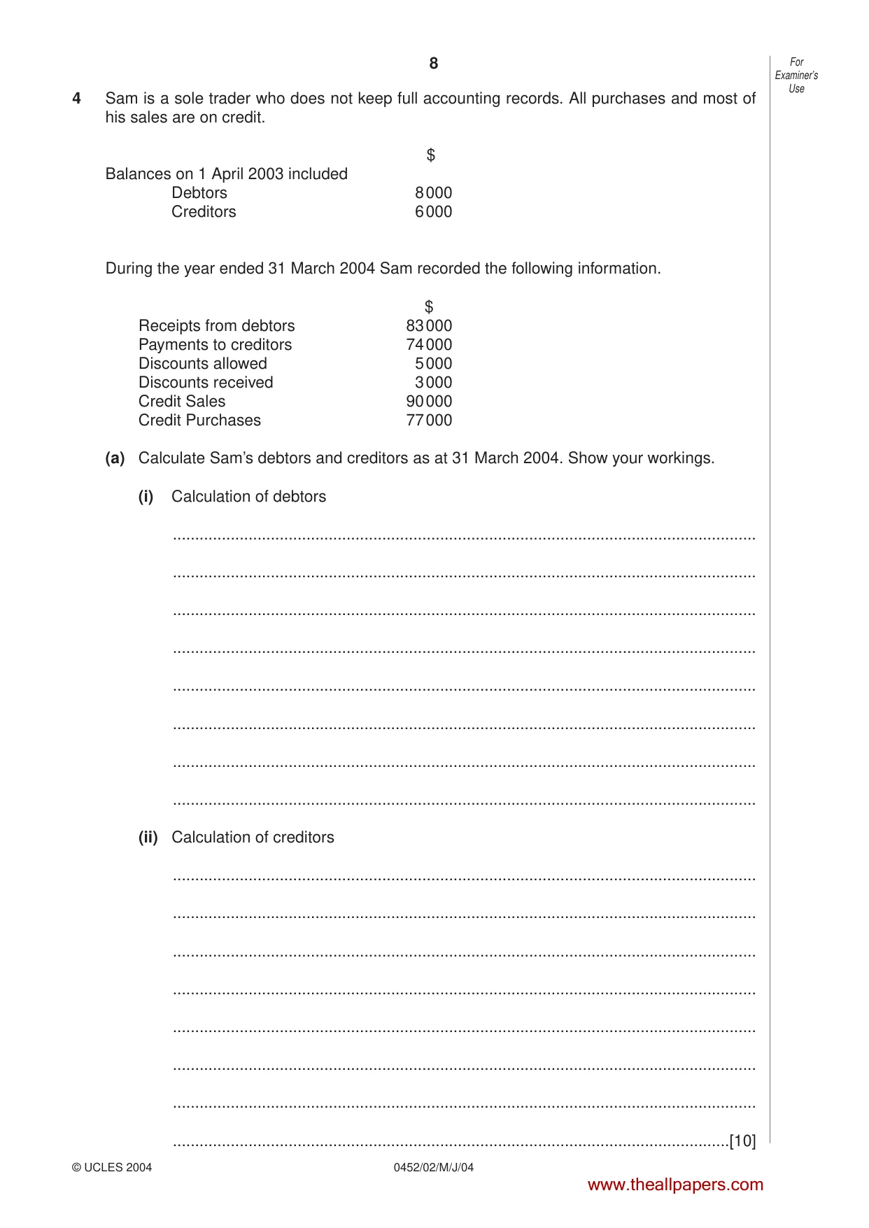 Cambridge IGCSE Accounting 0452 2004 May/June Paper 2 · Variant 1 question paper, page 8 of 12
