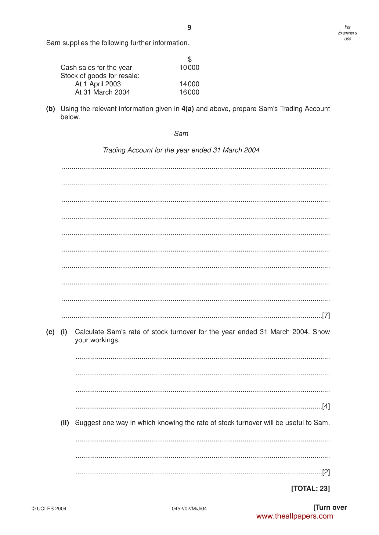 Cambridge IGCSE Accounting 0452 2004 May/June Paper 2 · Variant 1 question paper, page 9 of 12