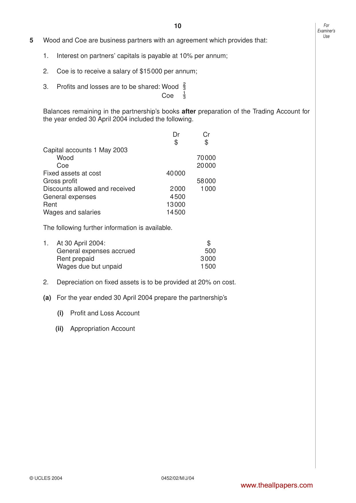 Cambridge IGCSE Accounting 0452 2004 May/June Paper 2 · Variant 1 question paper, page 10 of 12