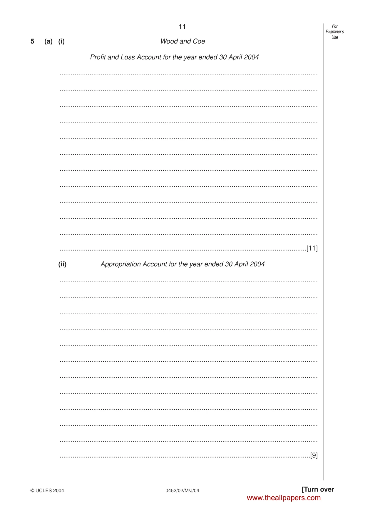 Cambridge IGCSE Accounting 0452 2004 May/June Paper 2 · Variant 1 question paper, page 11 of 12