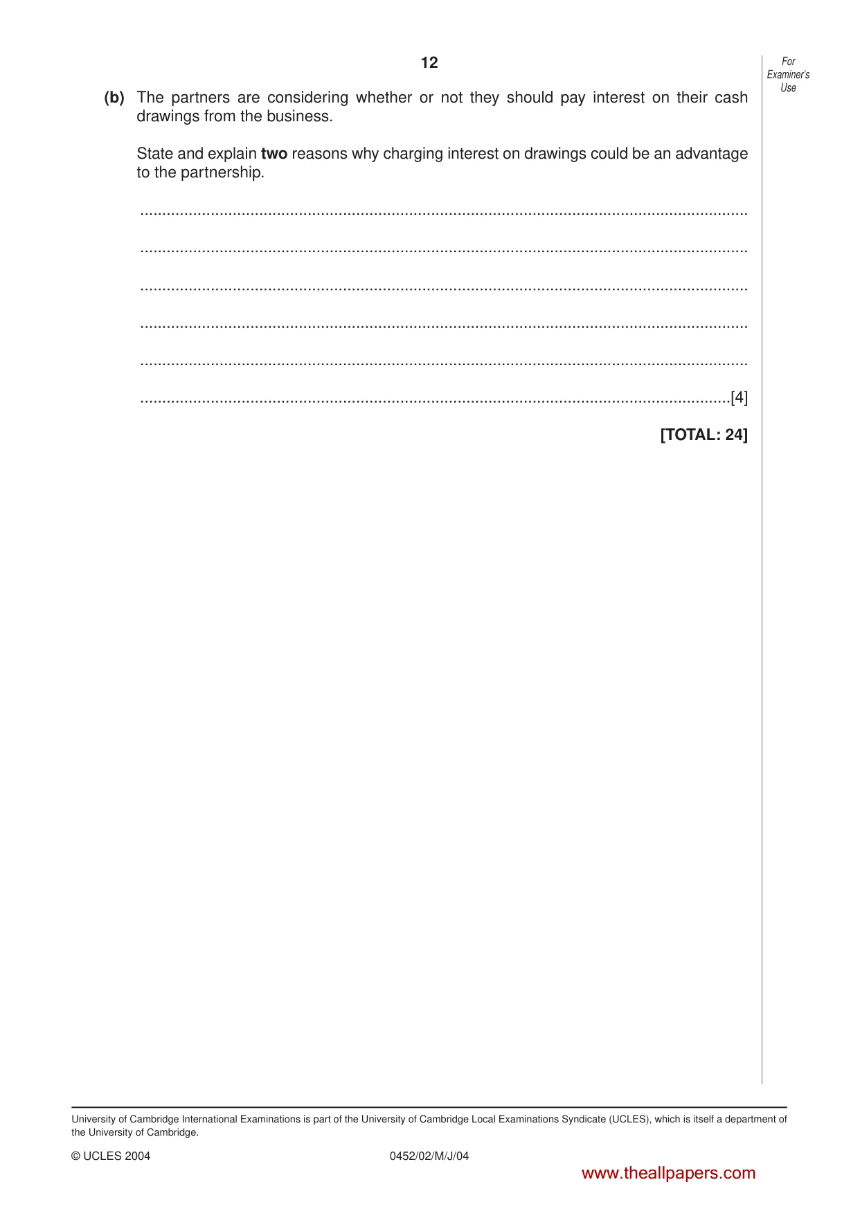 Cambridge IGCSE Accounting 0452 2004 May/June Paper 2 · Variant 1 question paper, page 12 of 12
