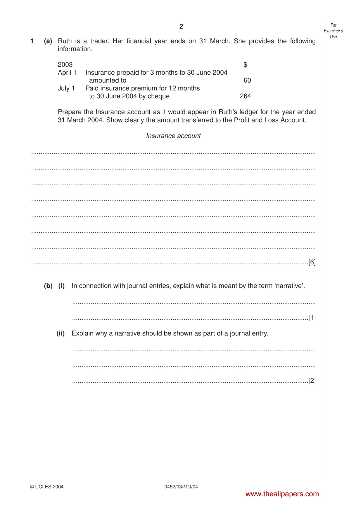 Cambridge IGCSE Accounting 0452 2004 May/June Paper 3 · Variant 1 question paper, page 2 of 16