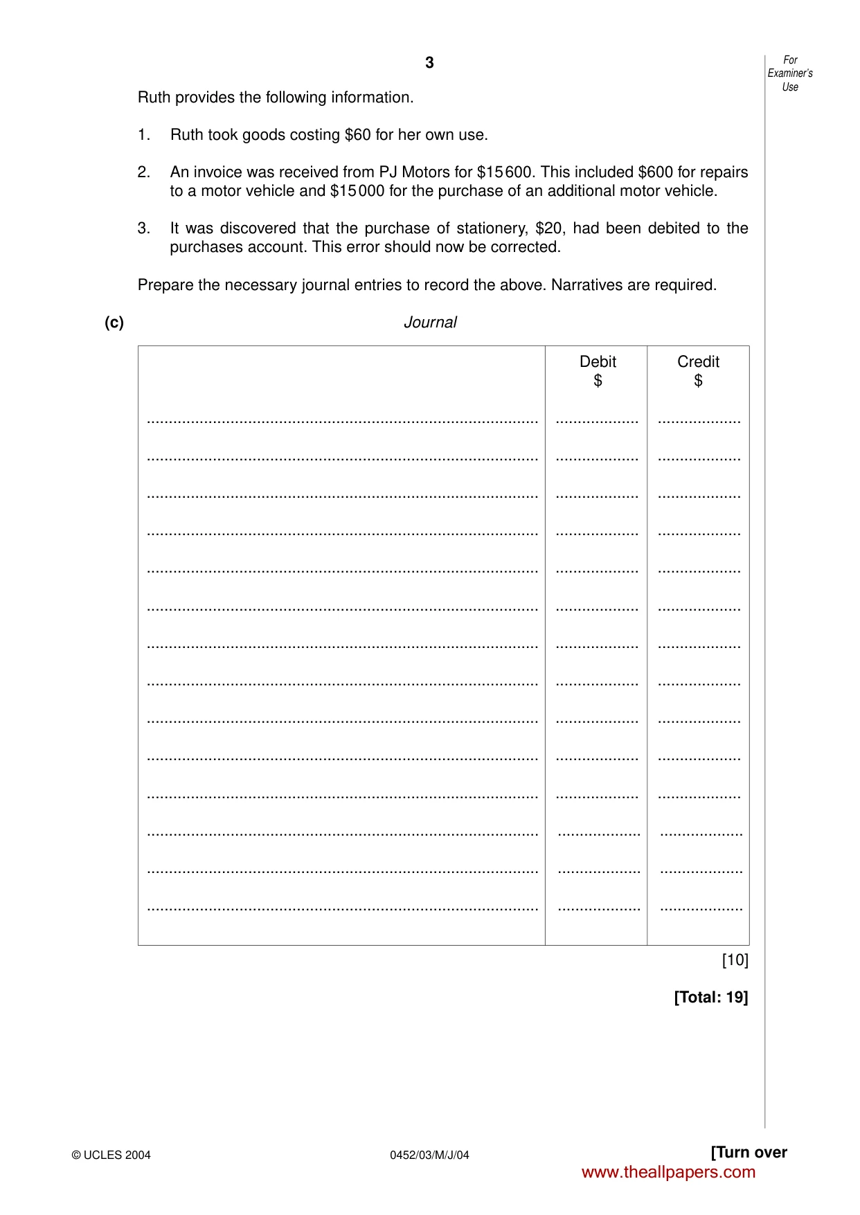 Cambridge IGCSE Accounting 0452 2004 May/June Paper 3 · Variant 1 question paper, page 3 of 16