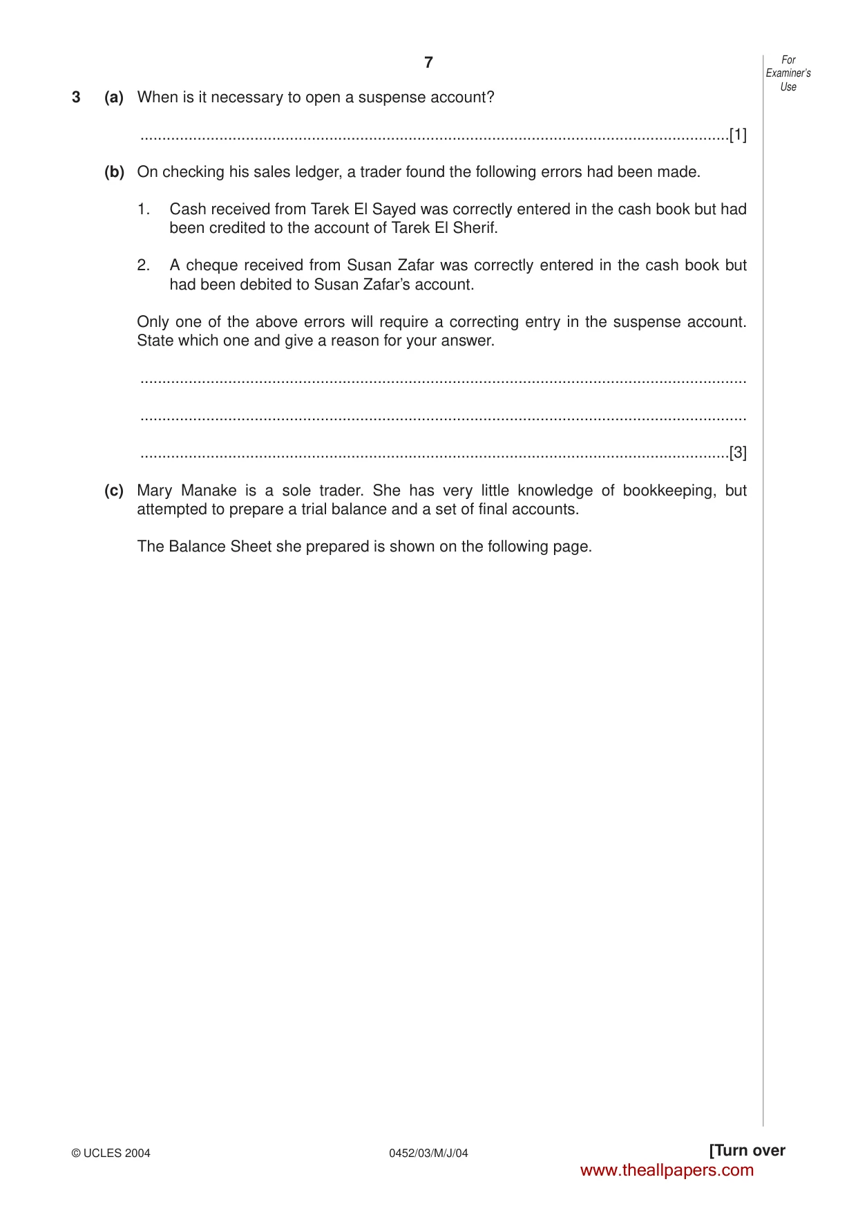 Cambridge IGCSE Accounting 0452 2004 May/June Paper 3 · Variant 1 question paper, page 7 of 16