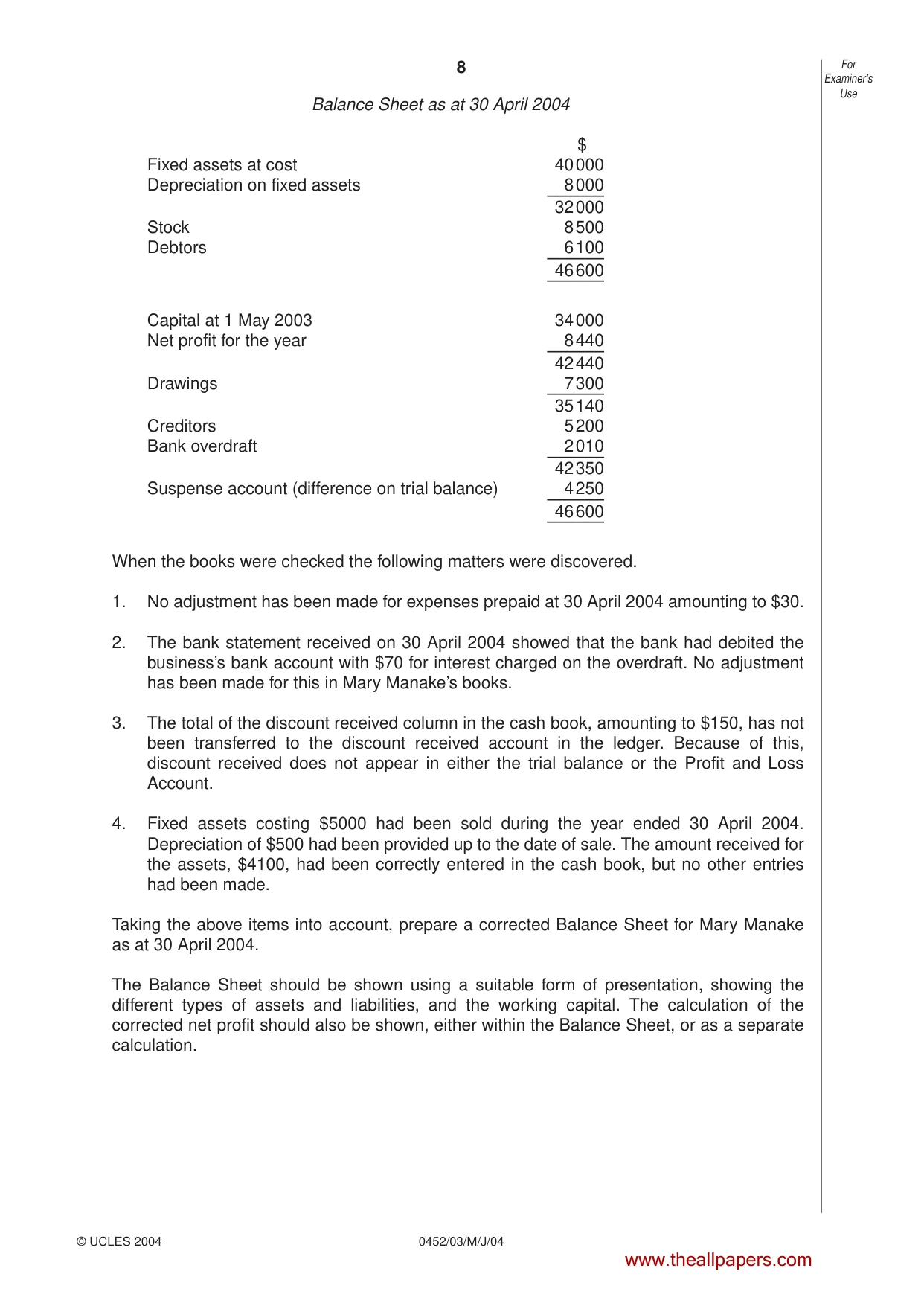 Cambridge IGCSE Accounting 0452 2004 May/June Paper 3 · Variant 1 question paper, page 8 of 16